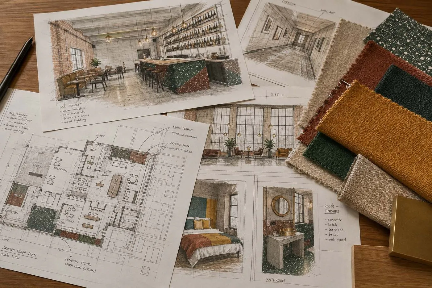 Floor plans, sketches and material swatches supplied by the design team