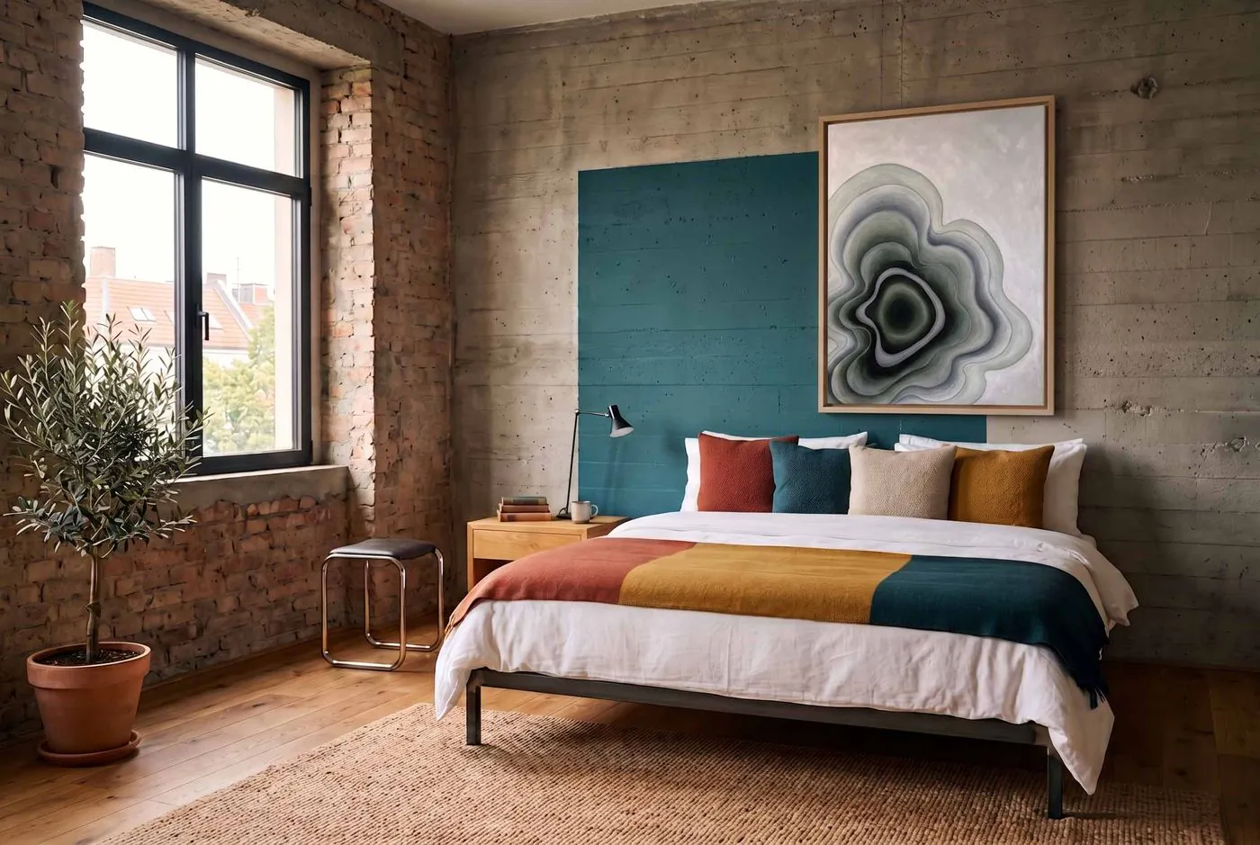 Delivered artwork installed above a guest room bed